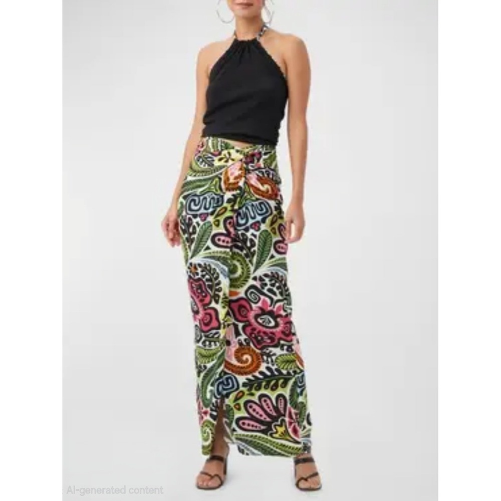 Trina‎ Turk Alodia Maxi Skirt Womens Multicolor Excellent Tie Front Tiki Print